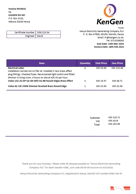 Kenya KenGen Electricity Generating Company business utility bill template in Word and PDF formats